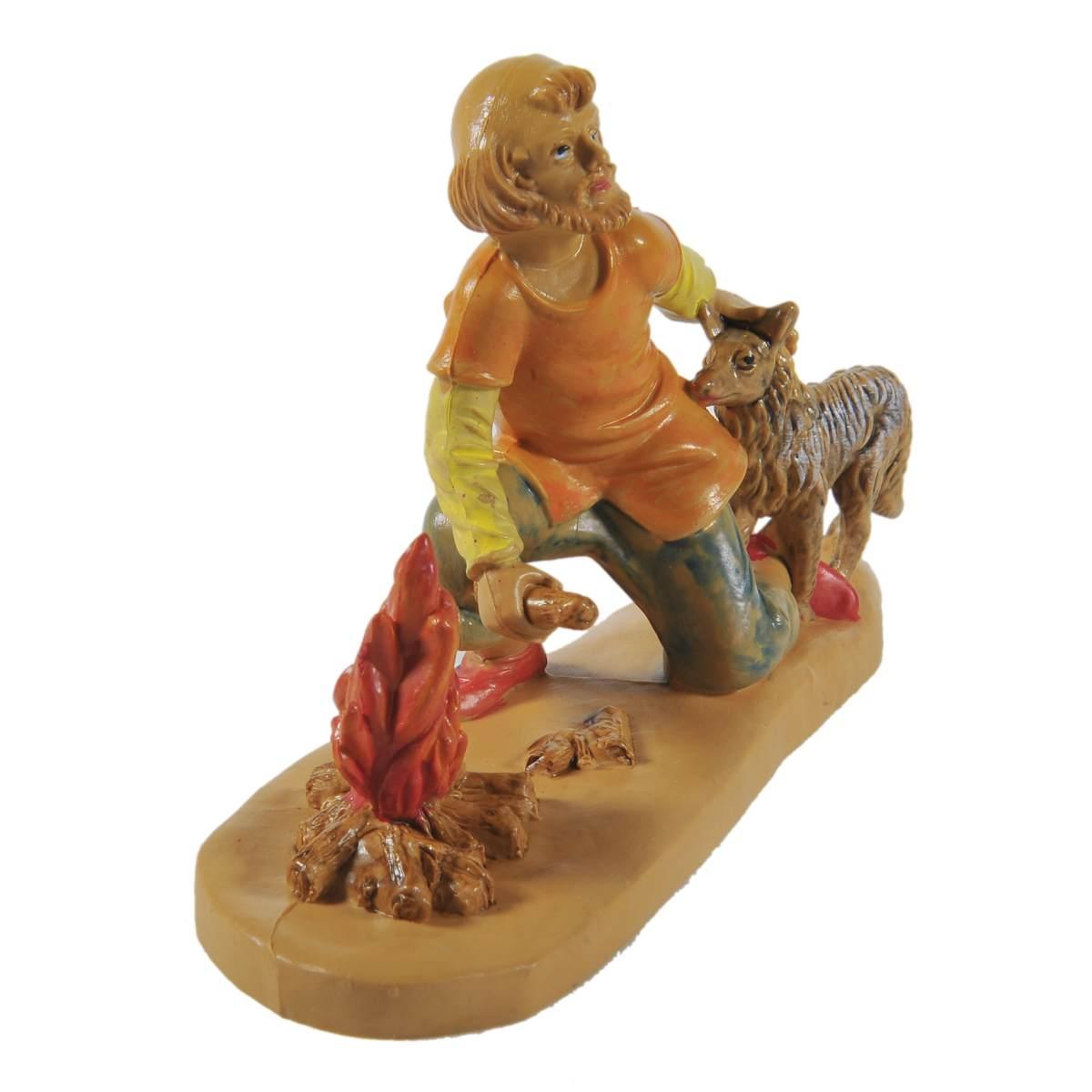 Statua presepe 12 cm uomo in ginocchio cane fuoco