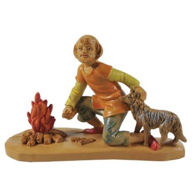 Statua presepe 12 cm uomo in ginocchio cane fuoco