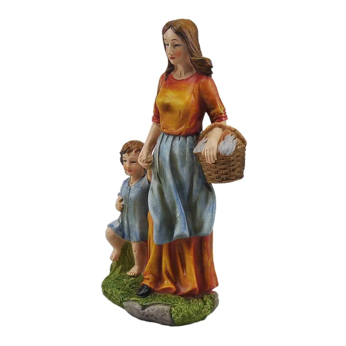 Statua presepe 30 cm donna bambino cesta