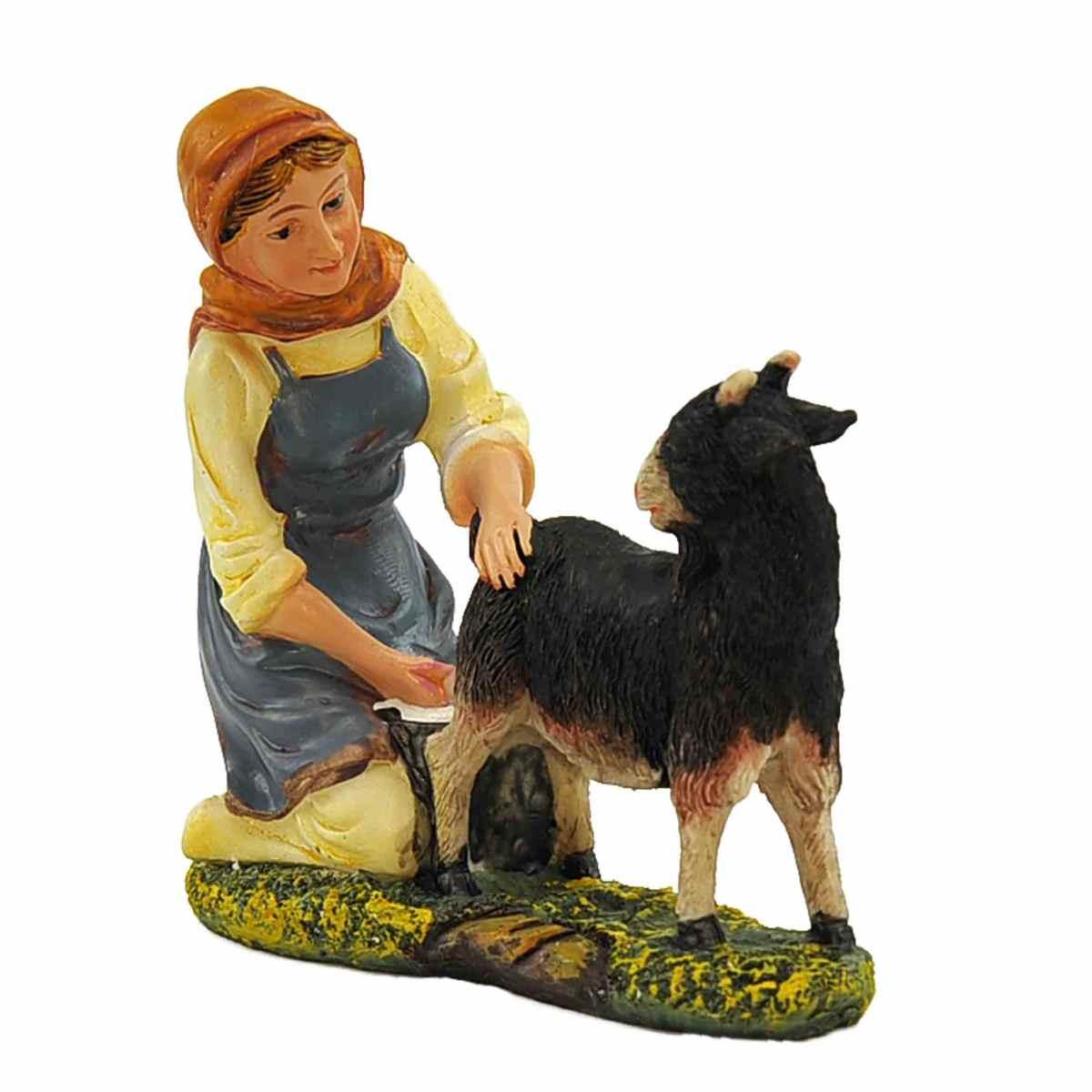 Statua presepe 20 cm donna che munge la capra