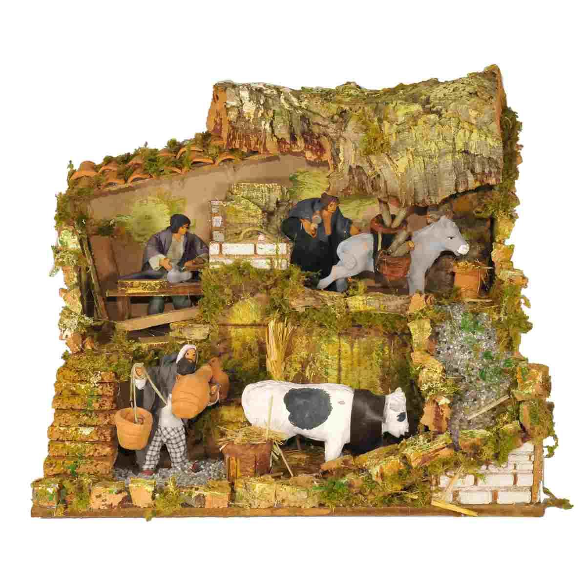 Contadini presepe botegga movimento luci 12 cm