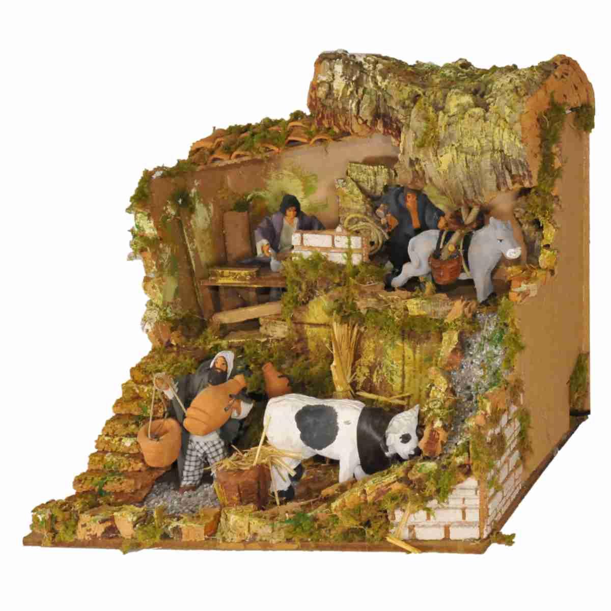 Contadini presepe botegga movimento luci 12 cm