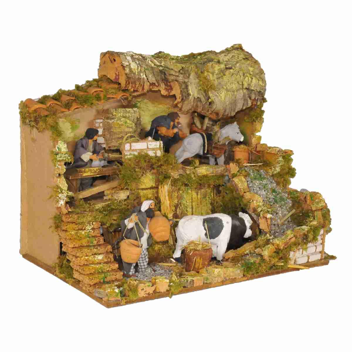 Contadini presepe botegga movimento luci 12 cm
