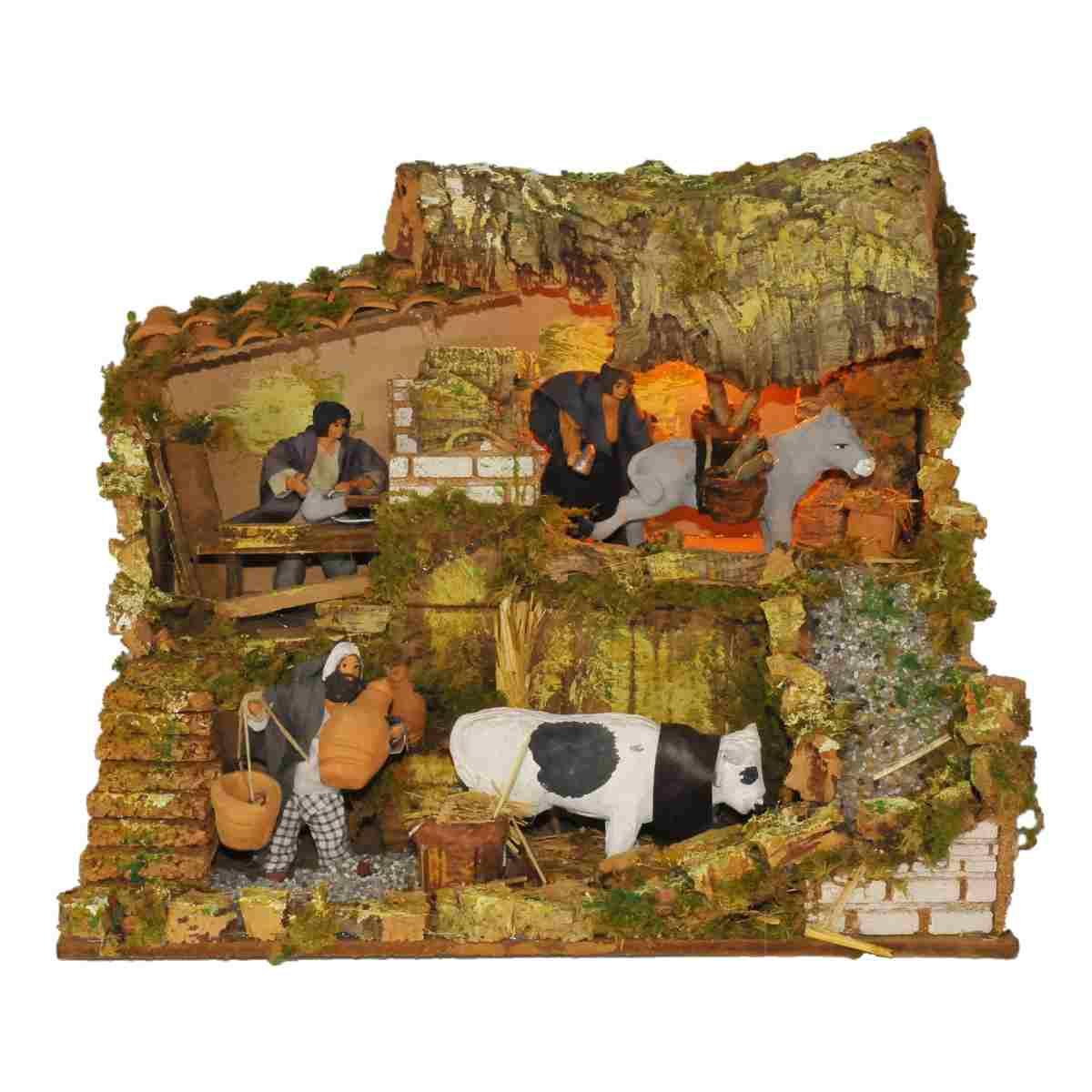 Contadini presepe botegga movimento luci 12 cm