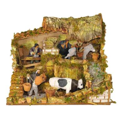 Contadini presepe botegga movimento luci 12 cm