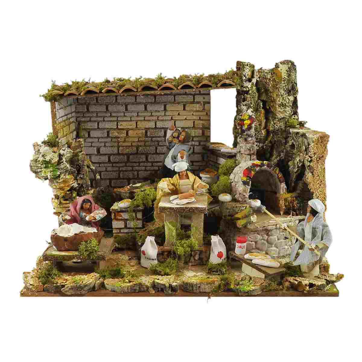 Contadini presepe bottega forno luce movimento 12 cm
