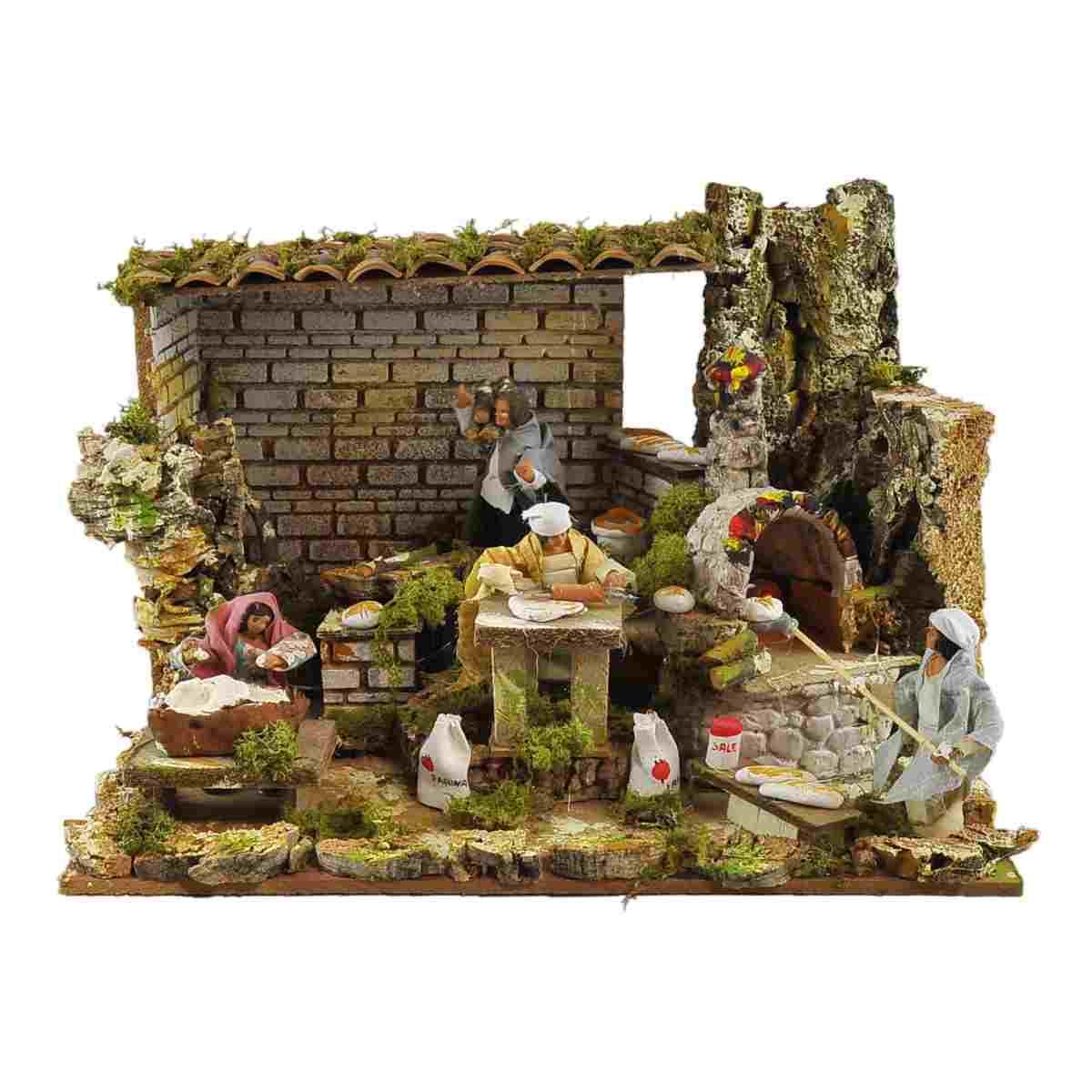 Contadini presepe bottega forno luce movimento 12 cm