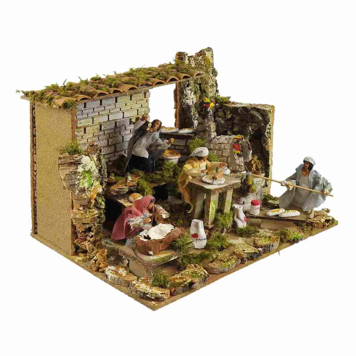 Contadini presepe bottega forno luce movimento 12 cm