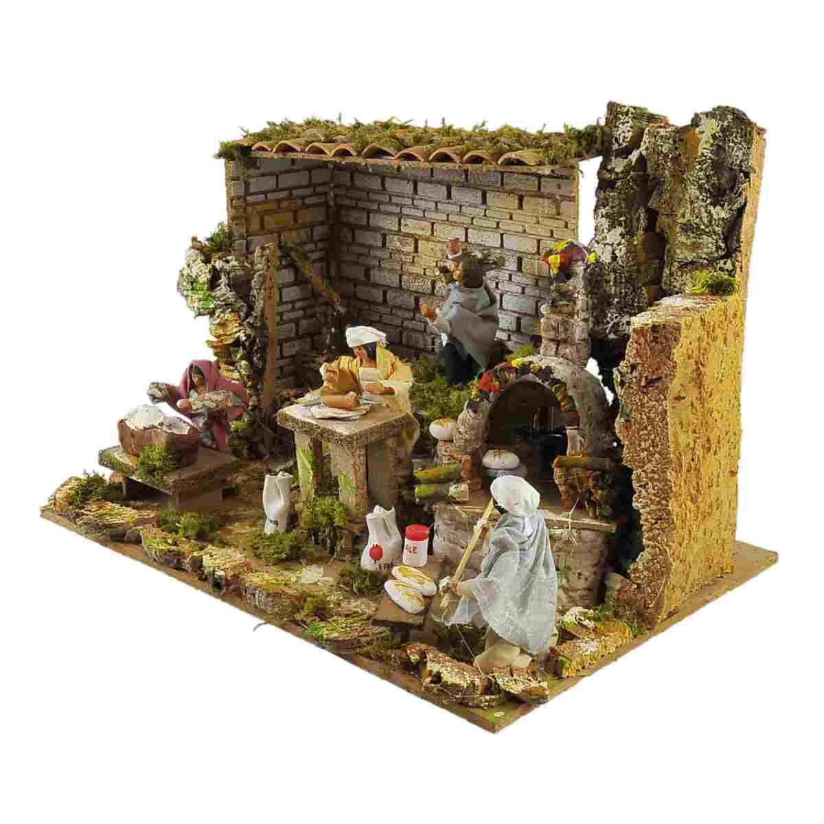 Contadini presepe bottega forno luce movimento 12 cm
