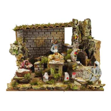 Contadini presepe bottega forno luce movimento 12 cm