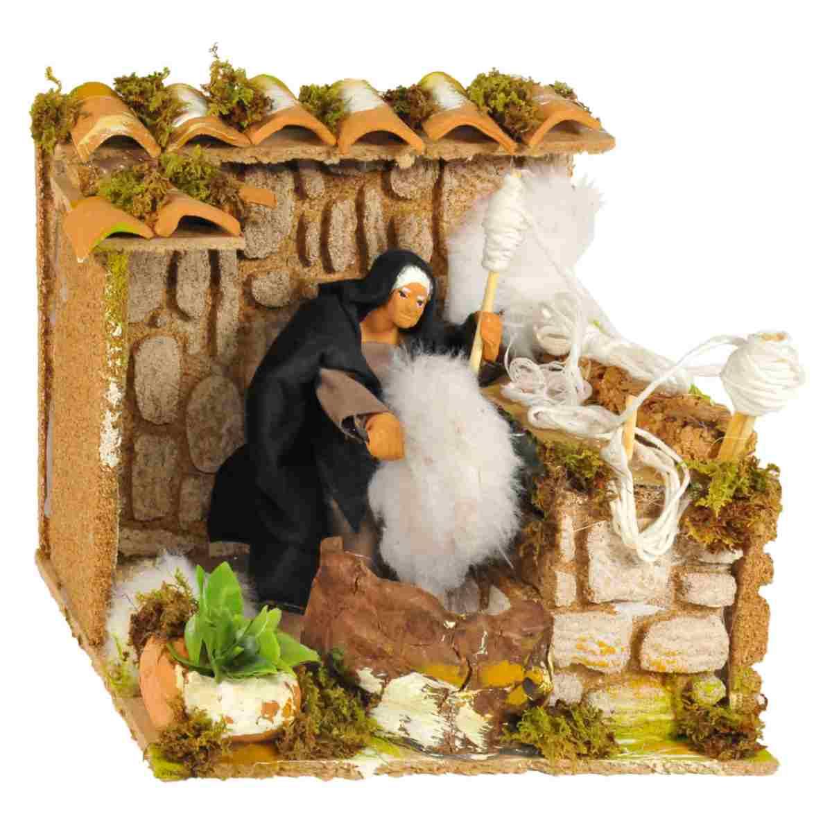 Statua presepe 12 cm movimento filatore della ruota