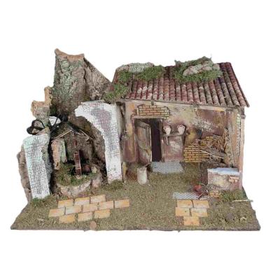 Capanna presepe legno mulino acqua luce