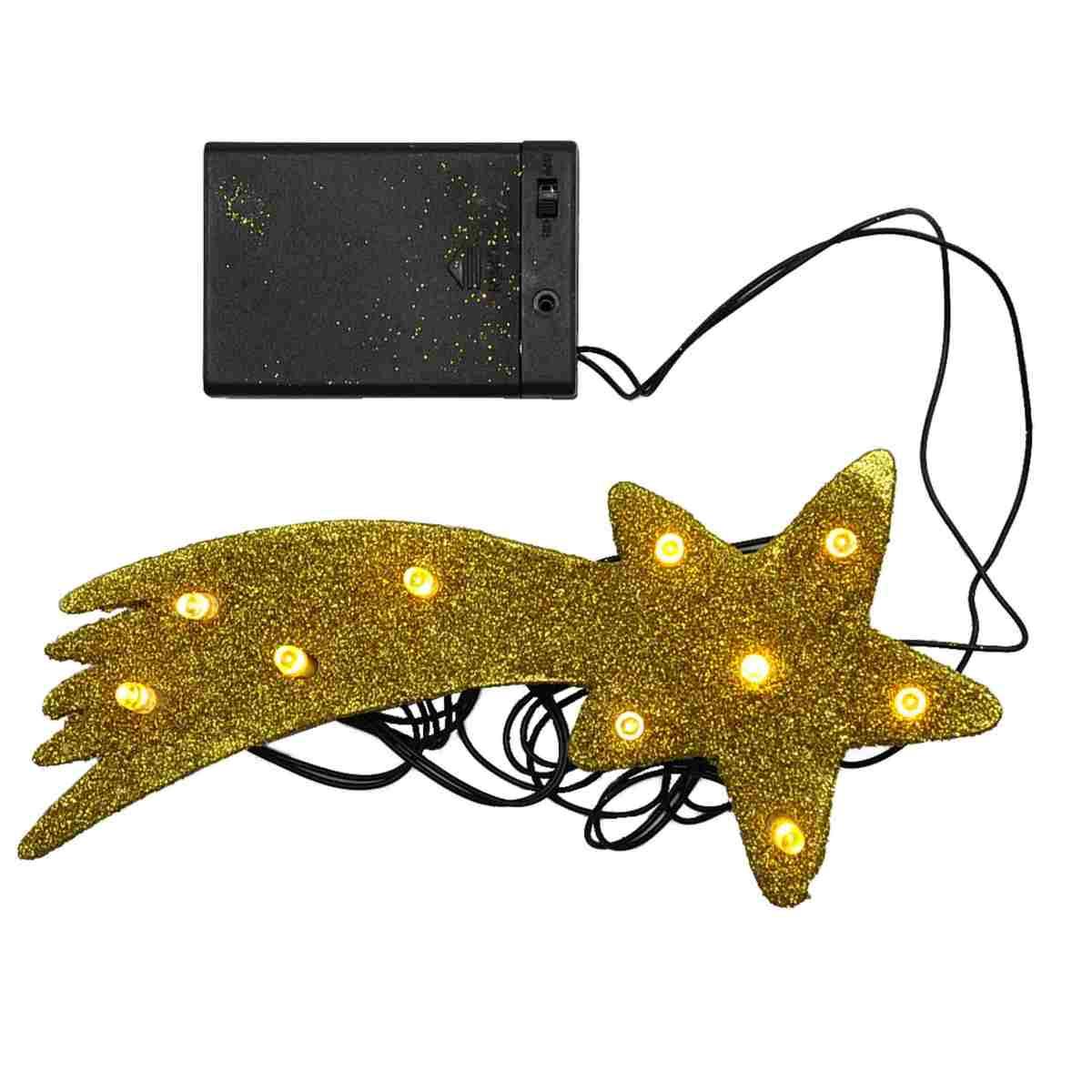 Stella presepe cometa oro 10 led bianco caldo batteria 18 cm