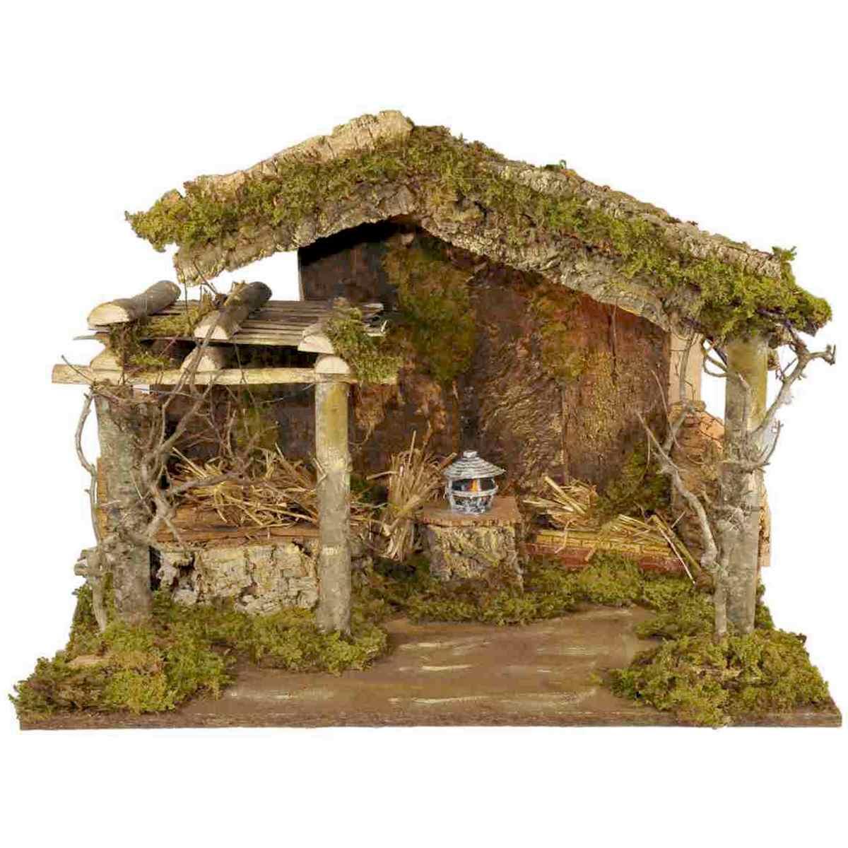 Capanna presepe legno luci fuoco