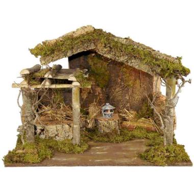 Capanna presepe legno luci fuoco