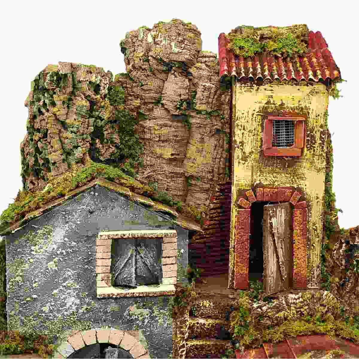 Diorama presepe luci capanna case scalinata