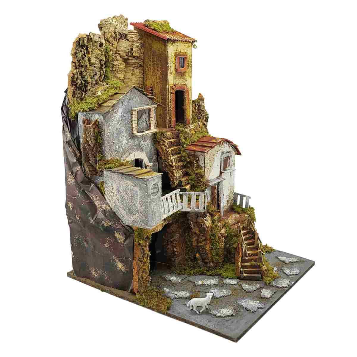 Diorama presepe luci capanna case scalinata