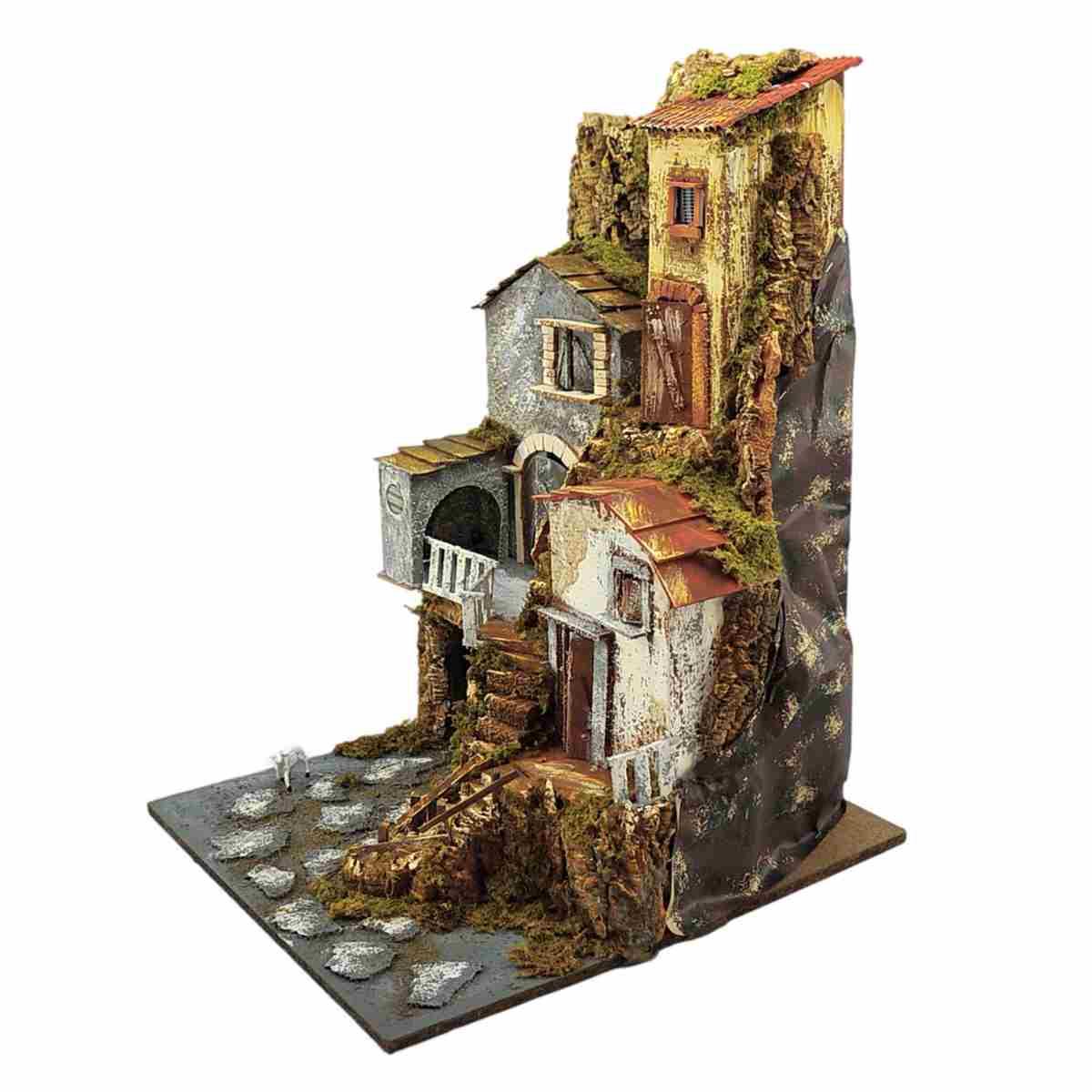 Diorama presepe luci capanna case scalinata