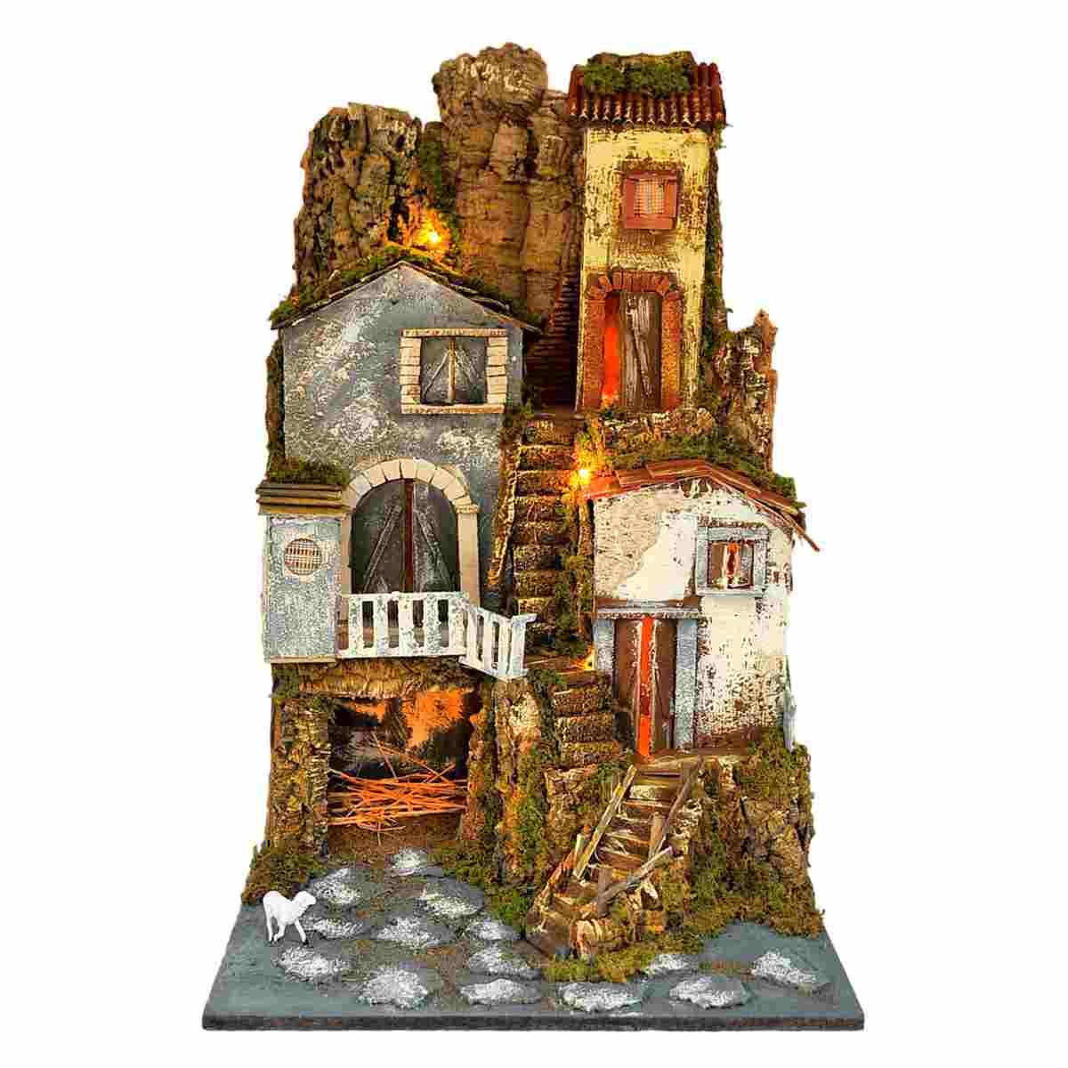 Diorama presepe luci capanna case scalinata