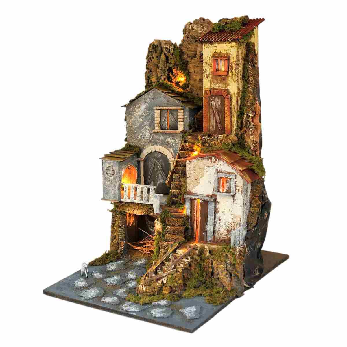 Diorama presepe luci capanna case scalinata