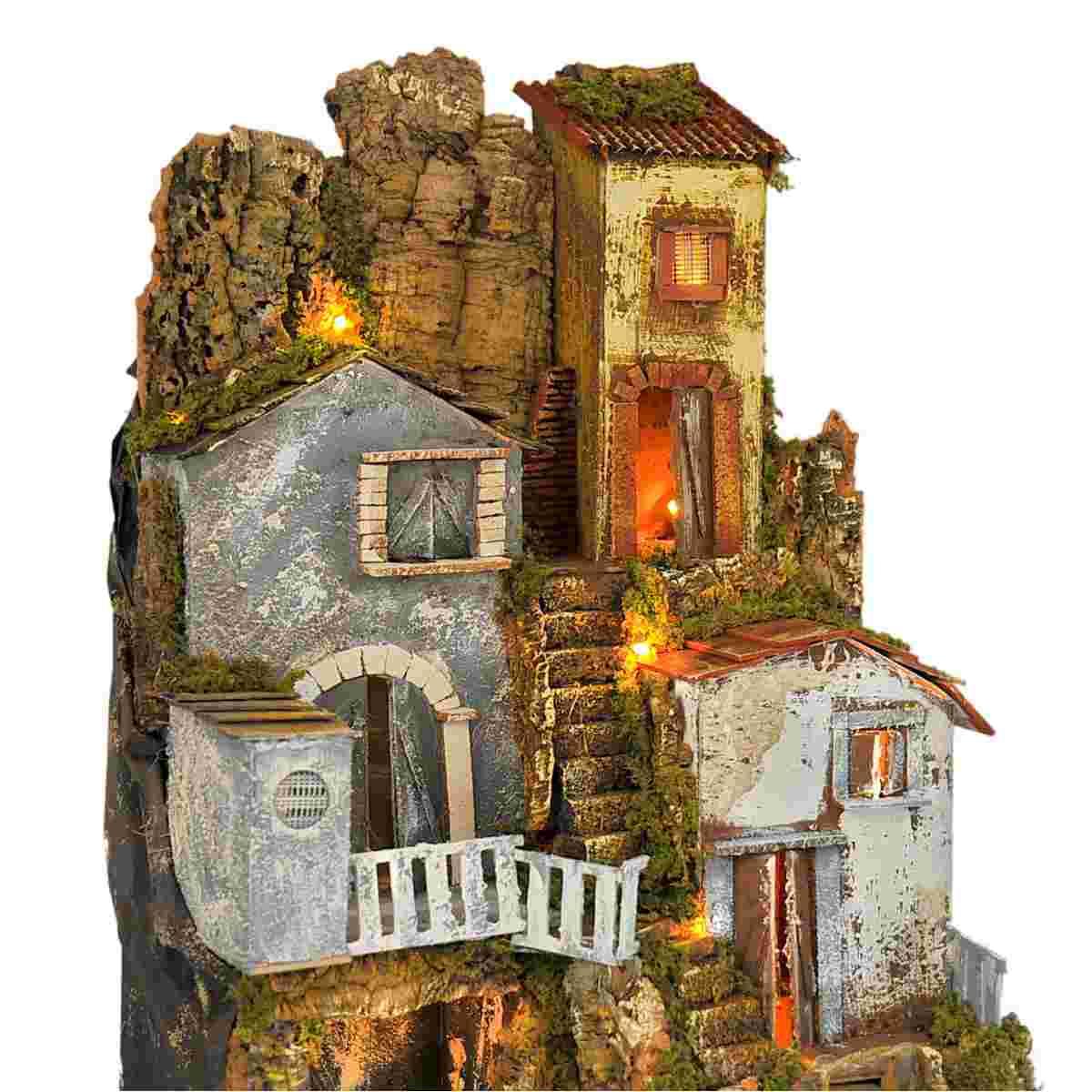 Diorama presepe luci capanna case scalinata