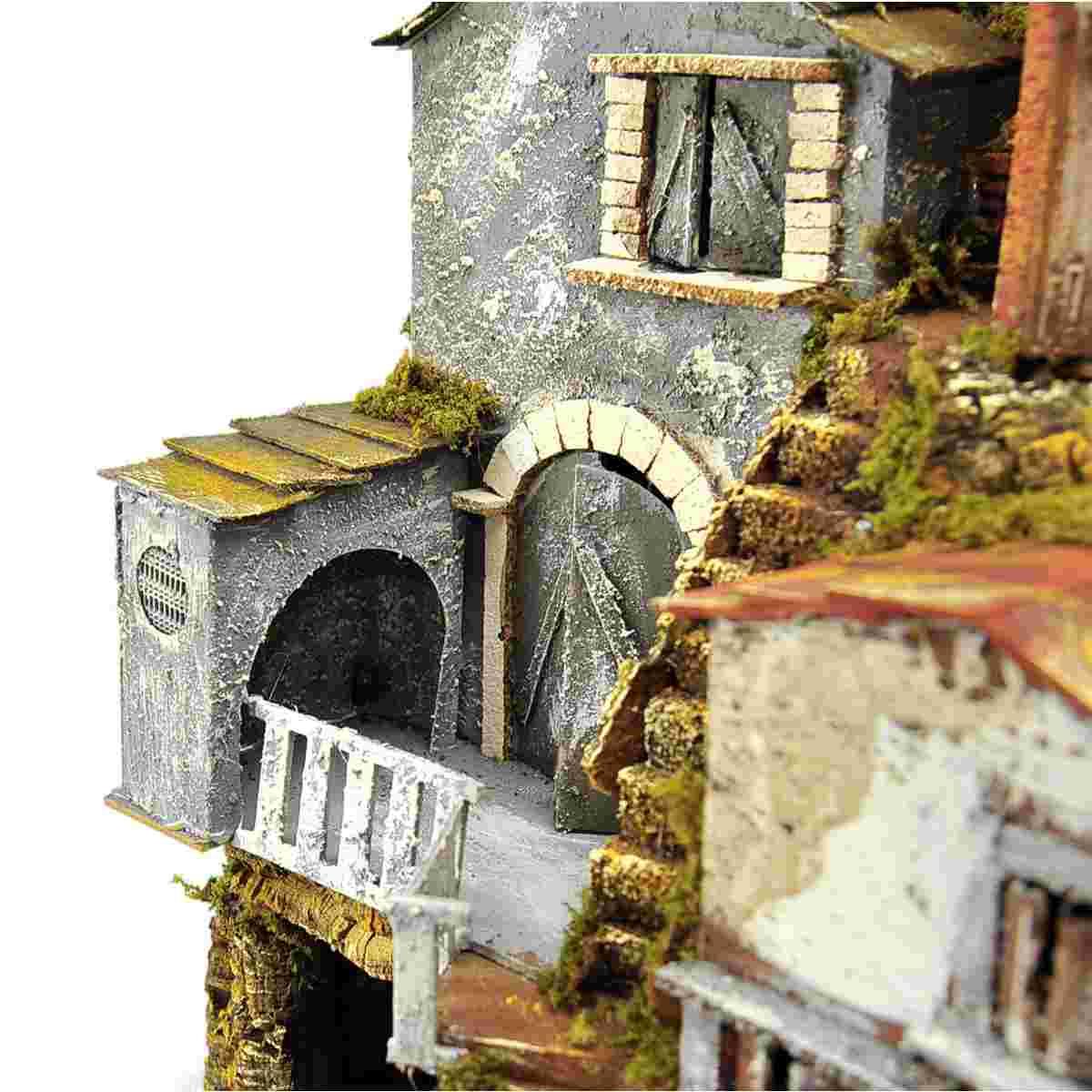 Diorama presepe luci capanna case scalinata