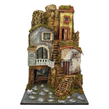 Diorama presepe luci capanna case scalinata