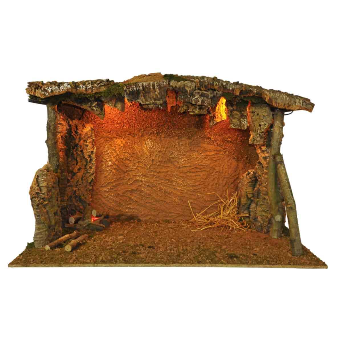 Capanna presepe legno luci fuoco