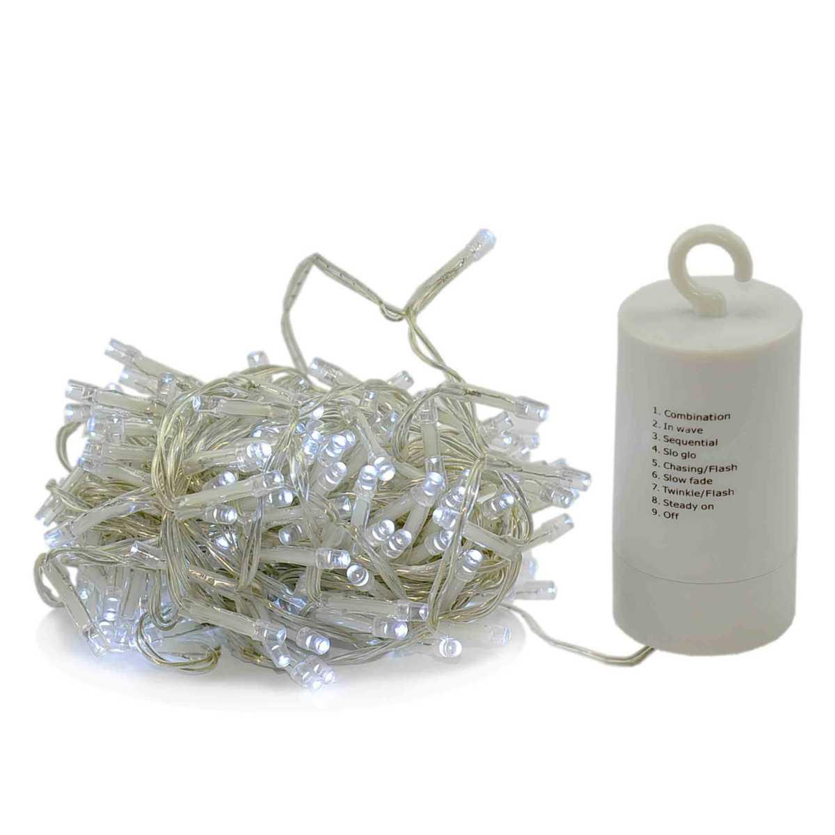 Luci di natale esterno batteria 180 led bianco freddo cavo trasparente timer