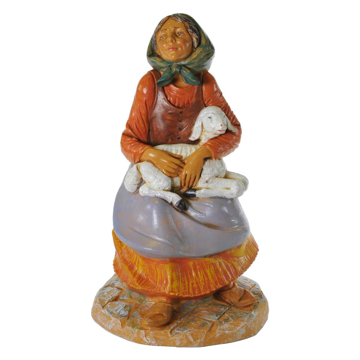 Statua presepe 30 cm pastorella seduta pecora