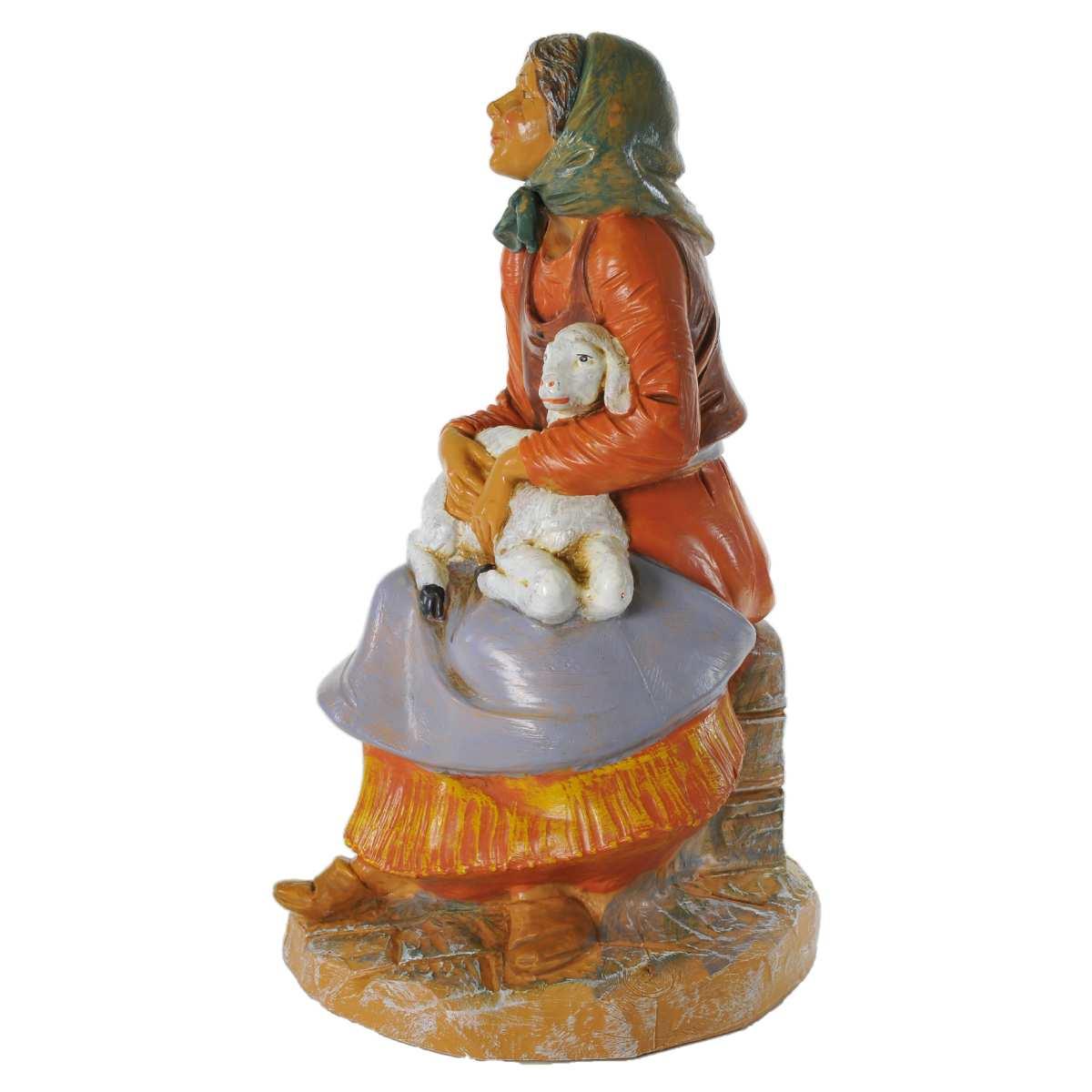 Statua presepe 30 cm pastorella seduta pecora