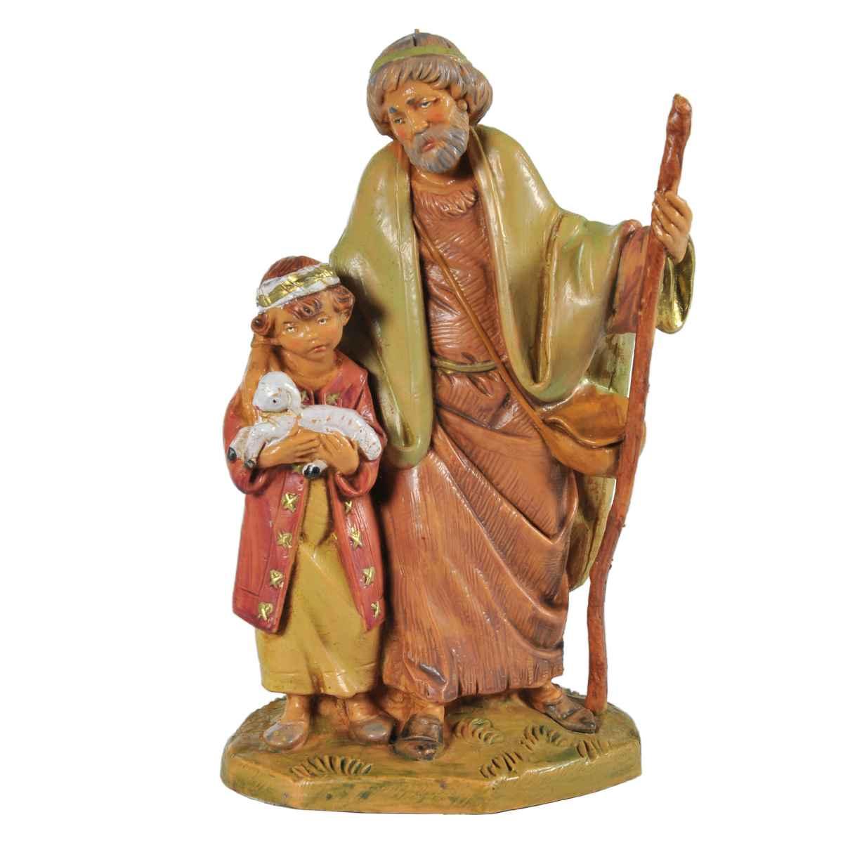 Statua presepe 12 cm papa misham pastore bambino agnello