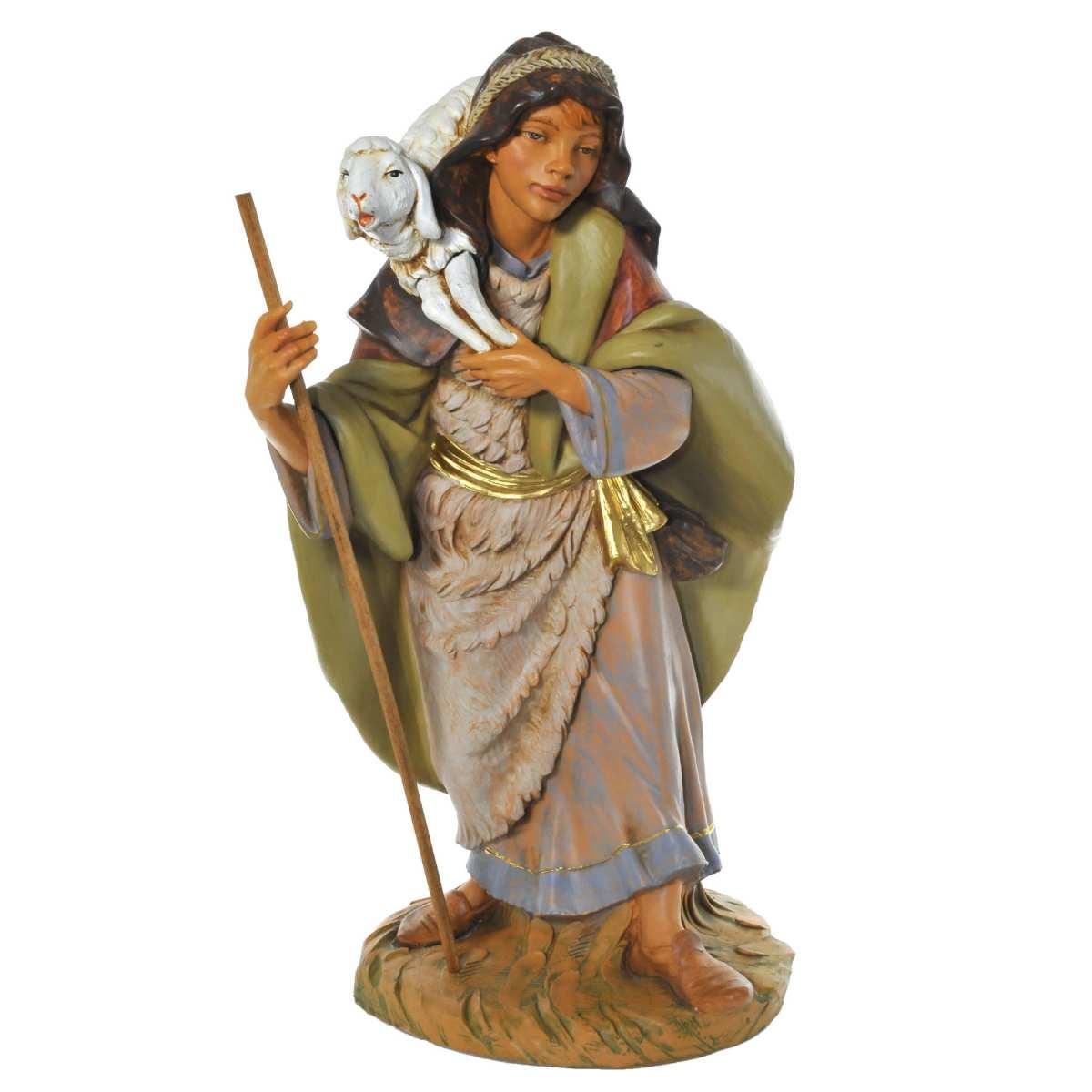 Statua presepe 45 cm pastore con bastone e pecora in spalla