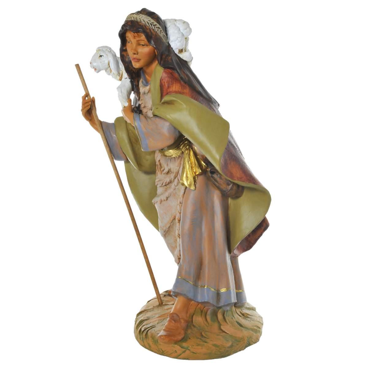 Statua presepe 45 cm pastore con bastone e pecora in spalla