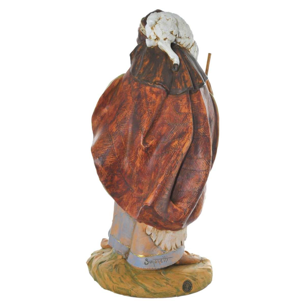 Statua presepe 45 cm pastore con bastone e pecora in spalla