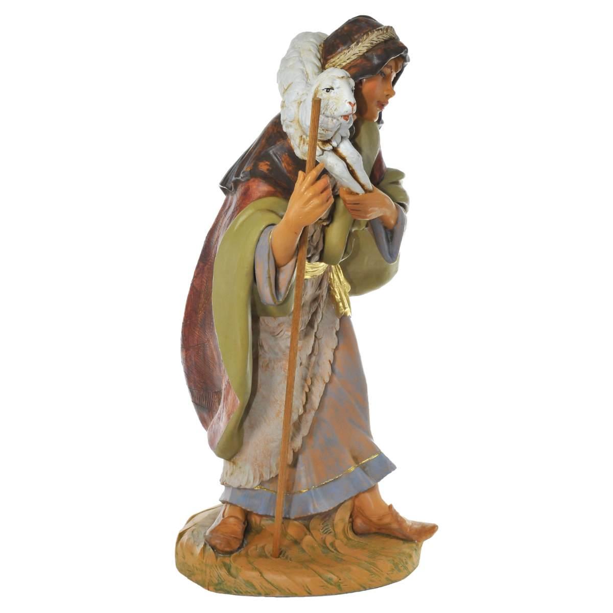 Statua presepe 45 cm pastore con bastone e pecora in spalla