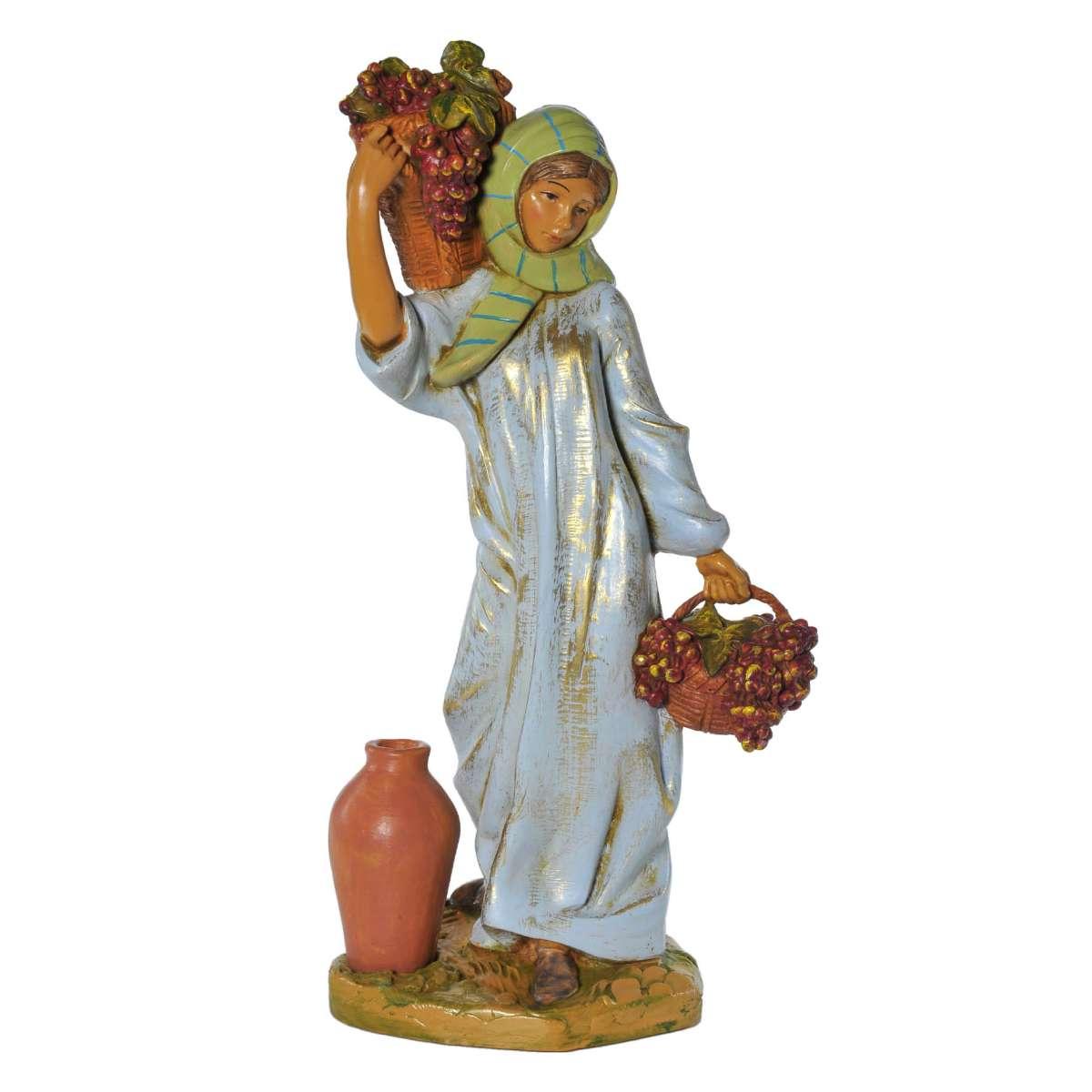 Statua presepe 30 cm pastorella 2 ceste di frutta anfora