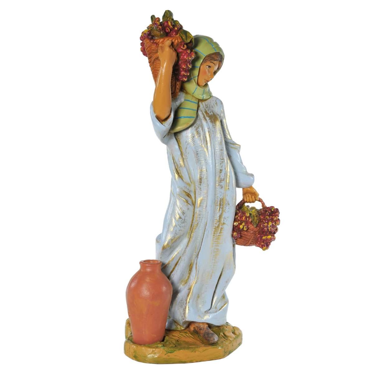 Statua presepe 30 cm pastorella 2 ceste di frutta anfora