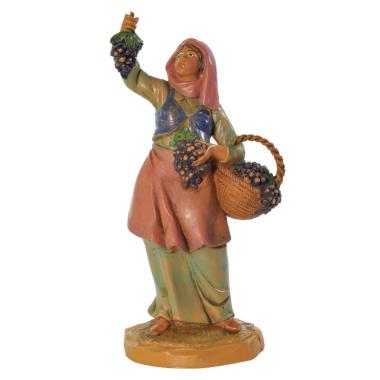 Statua presepe 12 cm pastorella con cesto di uva