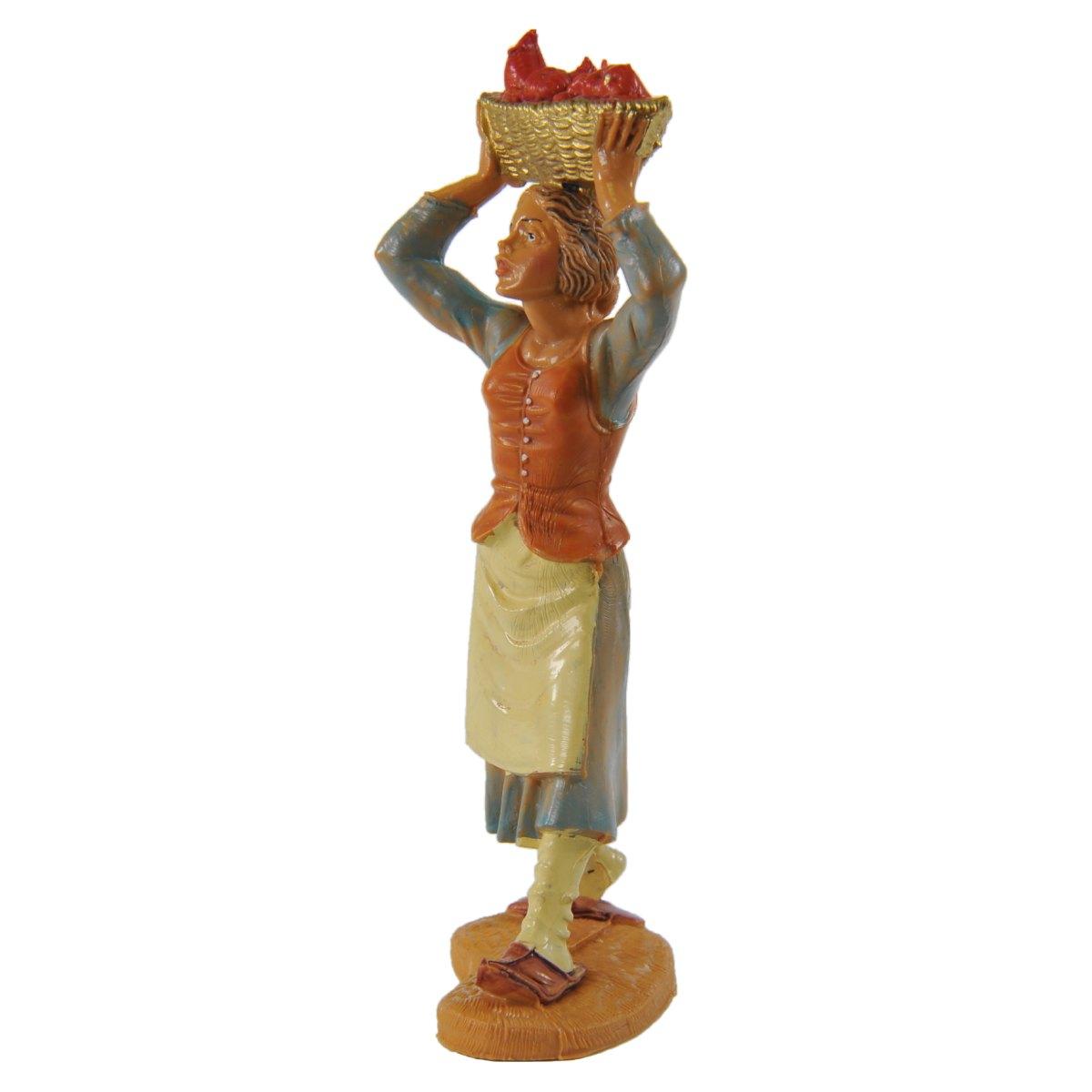 Statua presepe 10 cm pastorella cesta di frutta sopra la testa