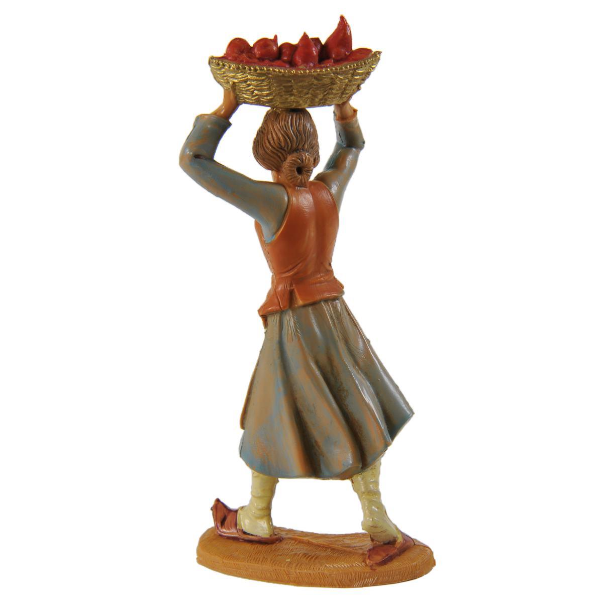 Statua presepe 10 cm pastorella cesta di frutta sopra la testa