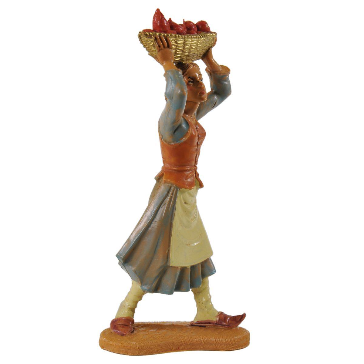 Statua presepe 10 cm pastorella cesta di frutta sopra la testa