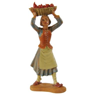 Statua presepe 10 cm pastorella cesta di frutta sopra la testa