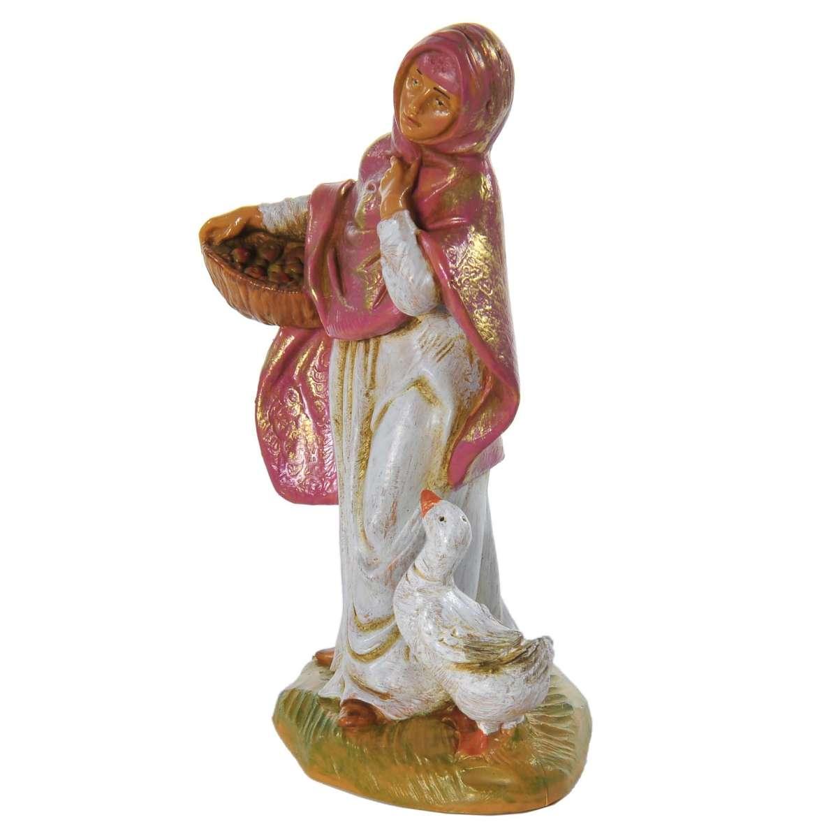 Statua presepe 12 cm pastorella con cesta e oca
