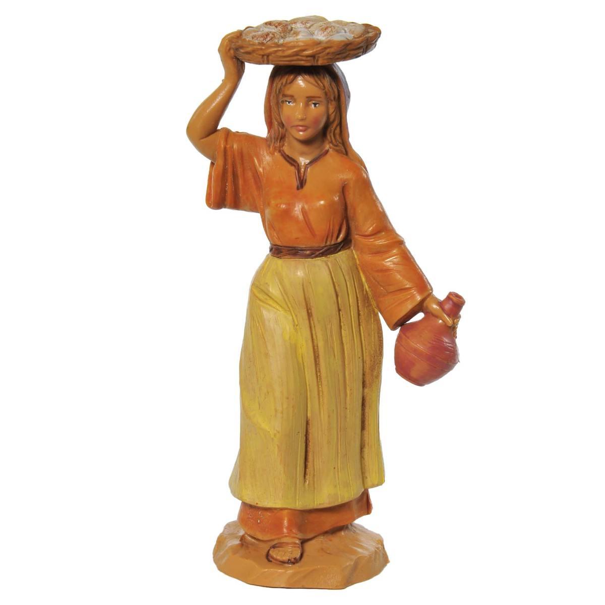 Statua presepe 12 cm pastorella vassoio in testa brocca
