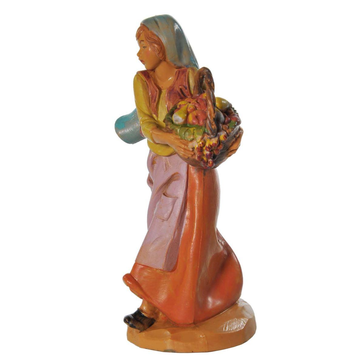 Statua presepe 12 cm pastorella con cesta di frutta