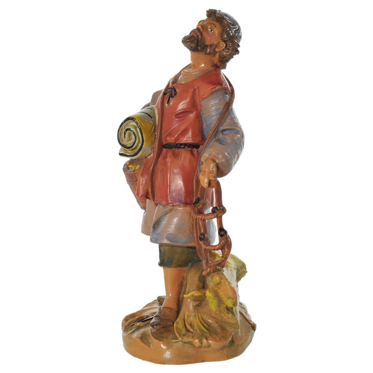 Statua presepe 12 cm pastore con briglie cesta e coperta