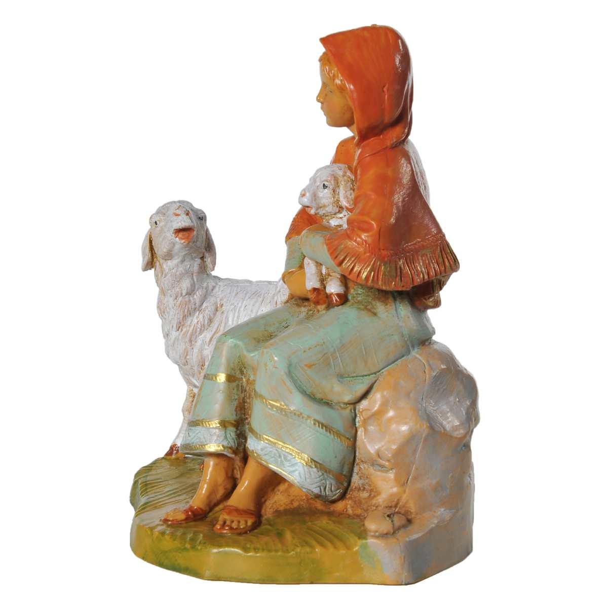 Statua presepe 12 cm pastorella seduta pecore