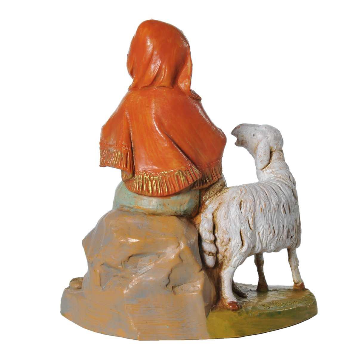 Statua presepe 12 cm pastorella seduta pecore