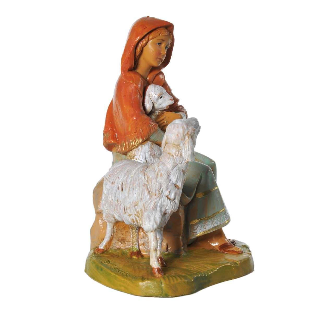 Statua presepe 12 cm pastorella seduta pecore
